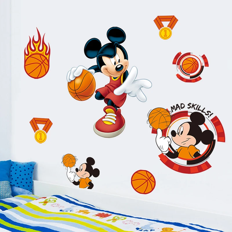 Cartoon Disney Mickey Play Basketball Wall Stickers For Nursery Kids Room Home Decor Bedroom Wall Decals PVC Mural Art Wallpaper