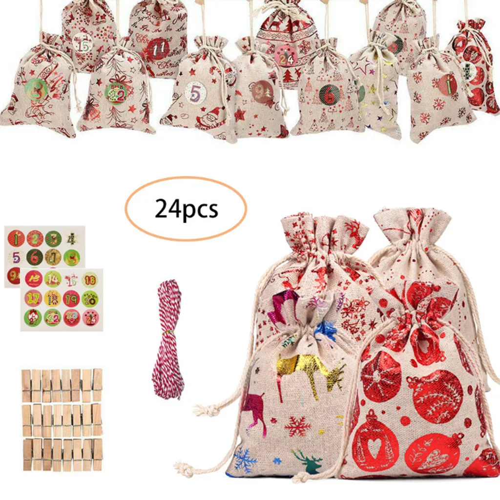 Christmas Pattern Candy Bag 1-24 Advent Calendar Bundle Cotton Linen Gift Bag Presents Decorations For Home Cadeau Noel#30