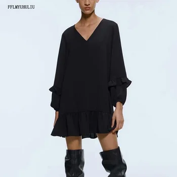 

New fashion ladies dress V-neck lace decoration ruffled hem loose dress short casual woman dress