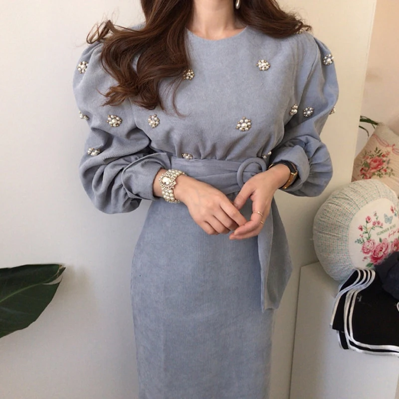 Chic Spring New Women Casual Retro Corduroy belt Dress Female Vintage Elegant Party Lace Up Dresses Chic Spring New Women Casual Retro Corduroy belt Dress Female Vintage Elegant Party Lace Up Dresses
