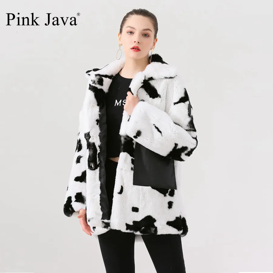

pink java QC19049 new arrival hot sale real rex rabbit fur coat women fur coat winter thick fur Cowmooflage rabbit fur