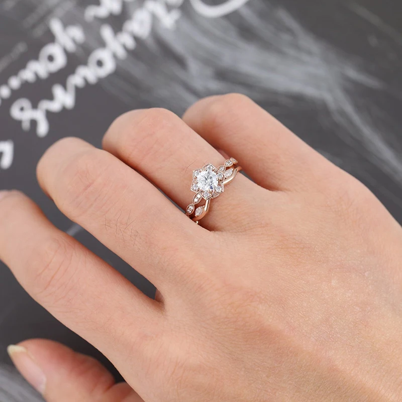 CxsJeremy Moissanite Engagement Ring set Unique Flower 14K 585 Rose Gold 0.5ct Round Vintage Eternity Marquise Wedding Band - Image 4