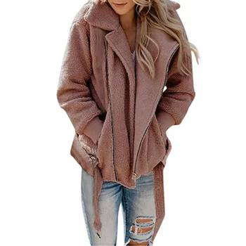 

Double Sided With Pocket Fashion Warm Long Sleeve Outwear Daily Zipper Up Casual Autumn Winter Bottom Belt Women Jacket Solid