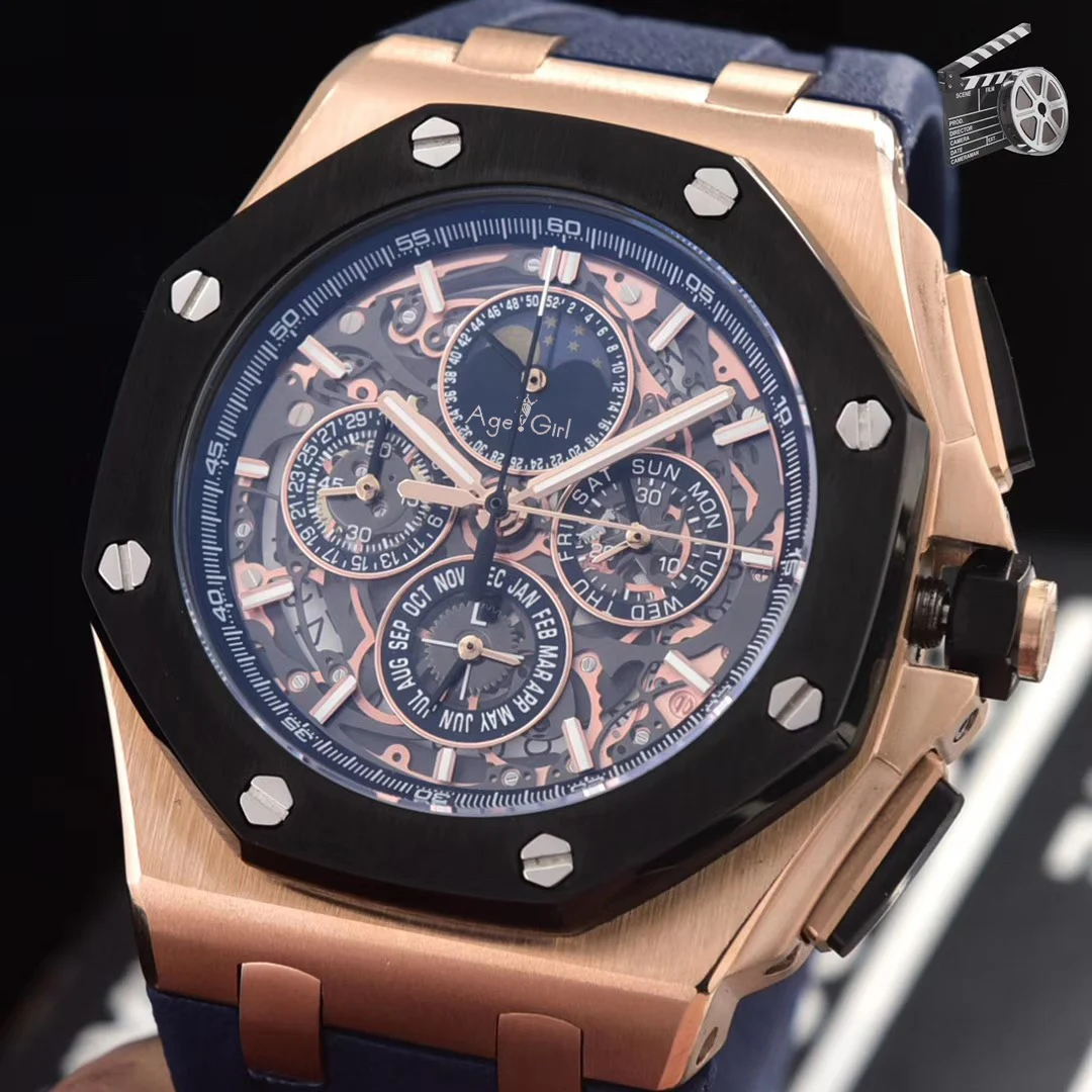 

Luxury Brand New Quartz Chronograph Men GMT Watch Stopwatch Sapphire Stainless Steel Watches Rose Gold Black Rubber Limited AAA+