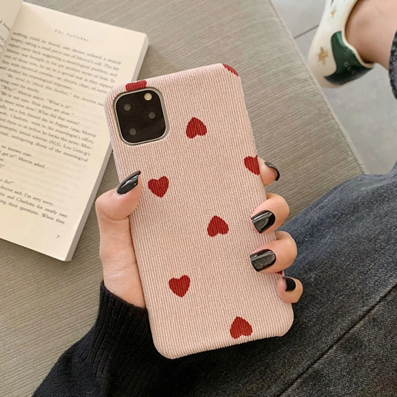 Розовый Чехол Ottwn для iPhone 11 с сердечком, вельветовый чехол для телефона, для iPhone XS 11 Pro Max XR X 8 7 6 6s Plus, хлопковая ткань, мягкий чехол из искусственной кожи - Цвет: Розовый