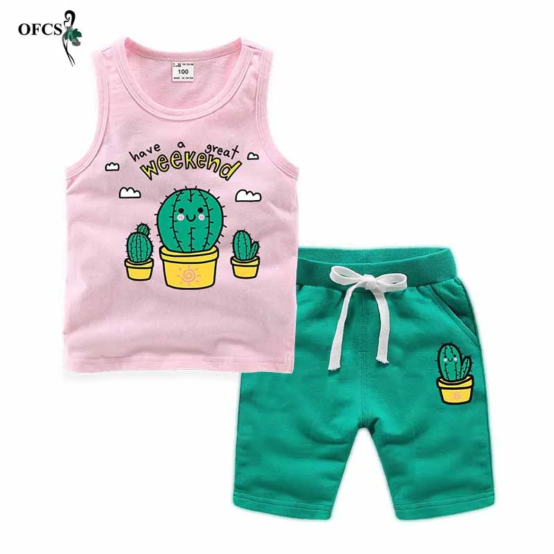 Unisex 18M-12T 2pcs/sets Sleeveless Children's Boy Kids Vest Shorts Suits Cotton Summer Boys Baby Girls Toddler Clothes | Детская