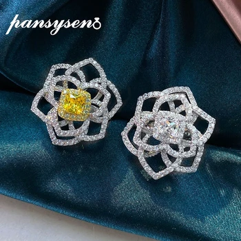 

PANSYSEN Luxury Flower Design Solid 925 Sterling Silver 5x5MM Created Moissanite Citrine Gemstone Cocktail Party Ring Wholesale