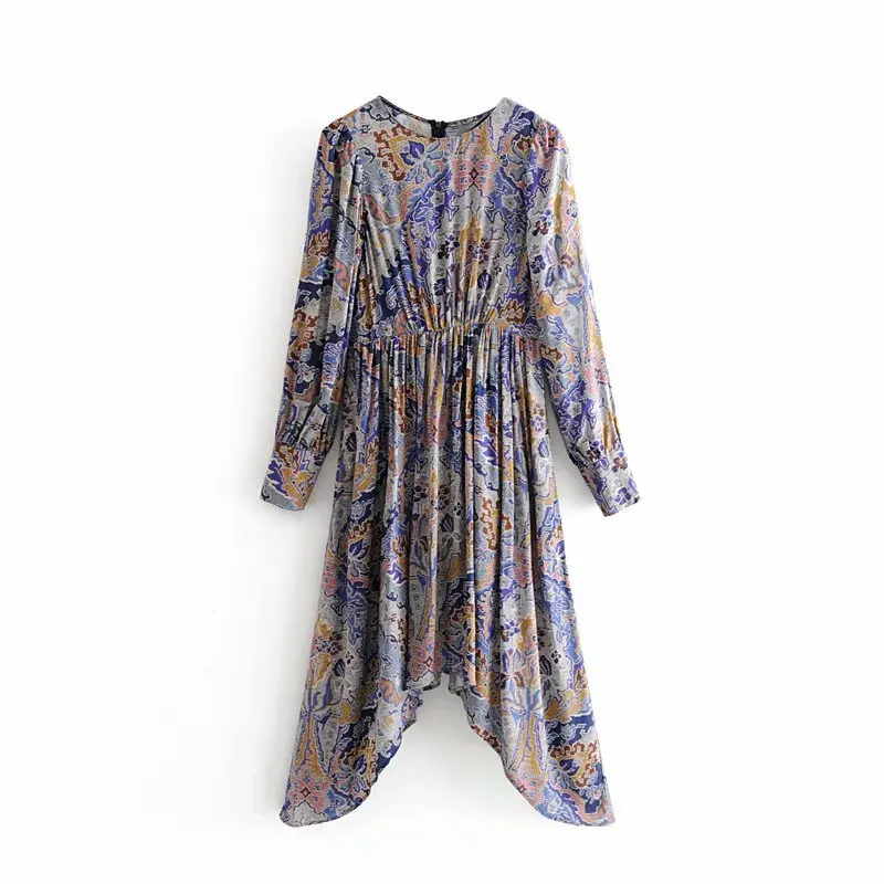

2019 Autumn Europe And America New Style Versitile Fashion Crew Neck Non-symmetrical Pullover Elastic Slimming Printed Dress A9m