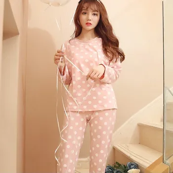 

Sweet Dot Printed Pajamas Set Women's Pink Home Wear Long Sleeve Top And Trousers Two-piece Suit M-XL