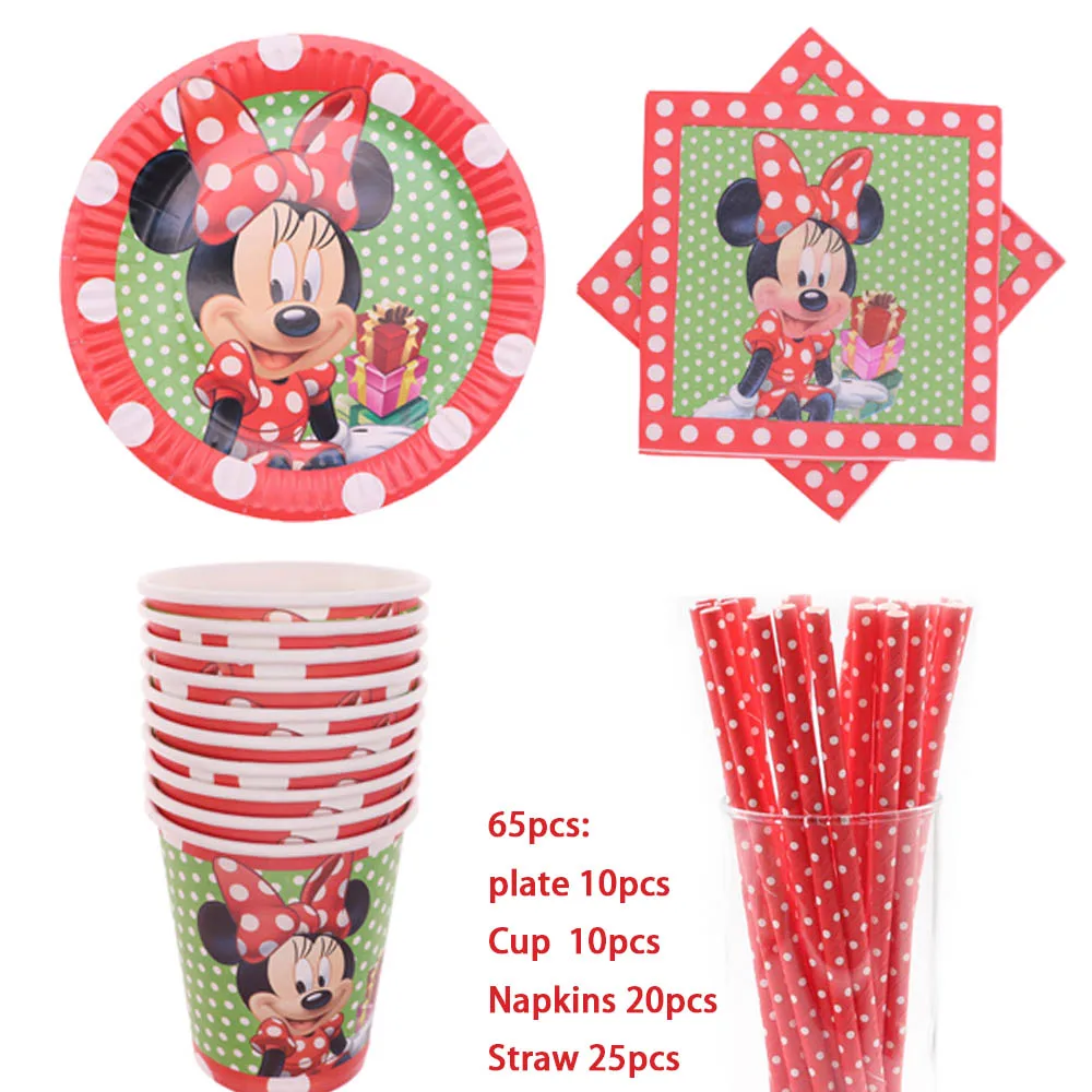 65pcs Мультяшные Минни Микки бумажные тарелки стаканчики соломенный шар одноразовая посуда повязка на голову вечерние декор для рождества, дня рождения для дома - Цвет: 65pcs