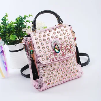

Genuine Leatehr Small Bag Women Handbag with Diamonds, Shoulder Bag Tassel Bag , Multi-purpose Female Bag, Rivet Bucket, Fashion