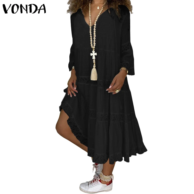 VONDA Women'Sundress летнее платье Повседневное свободные в богемном стиле 3/4 кружевное платье с расклешенным рукавом пляжные пикантные вечерние Vestido плюс Размеры 5XL - Цвет: Black