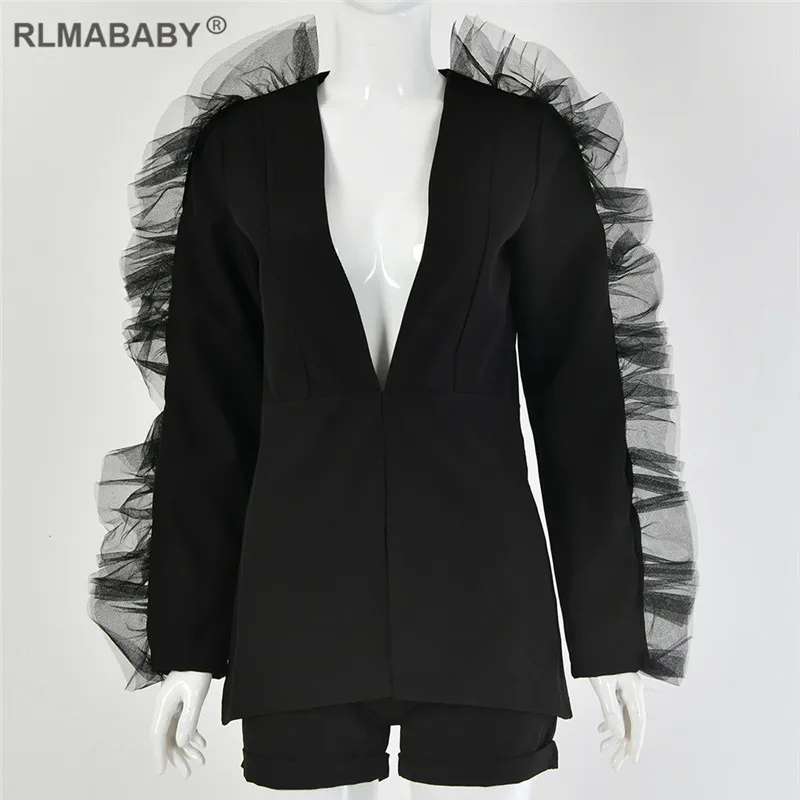 RLMABABY, белый сетчатый блейзер с оборками и шорты, комплект, глубокий v-образный вырез, длинный рукав, Женский комплект 2 шт., сексуальный комплект, Осень-зима