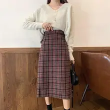 Женские шерстяные юбки зимние Утепленные шерстяные клетчатые элегантные прямые юбки ампир Женская миди-юбка с высокой талией