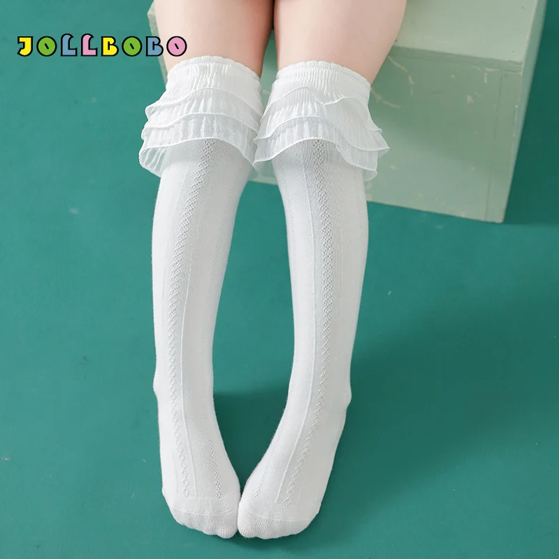 

Spring Autumn White Knee High Socks Girls Lovely Princess 3 Layer Ruffle Frilly Soft Cotton Pink Long tube Socks for Kids 3-8T