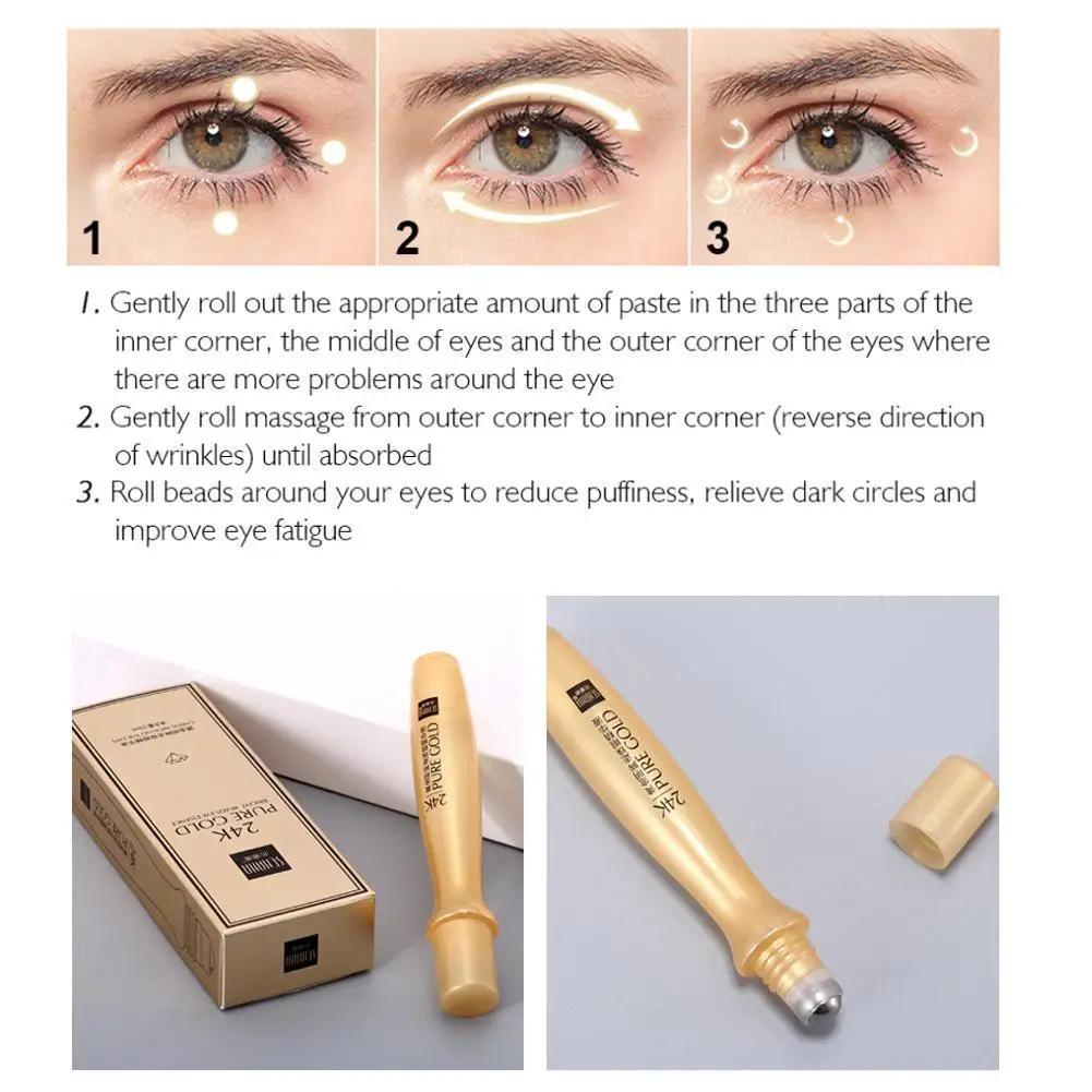 24K Pure Gold Eye Serum Roll on Remove Dark Circles Eye Moisturizing