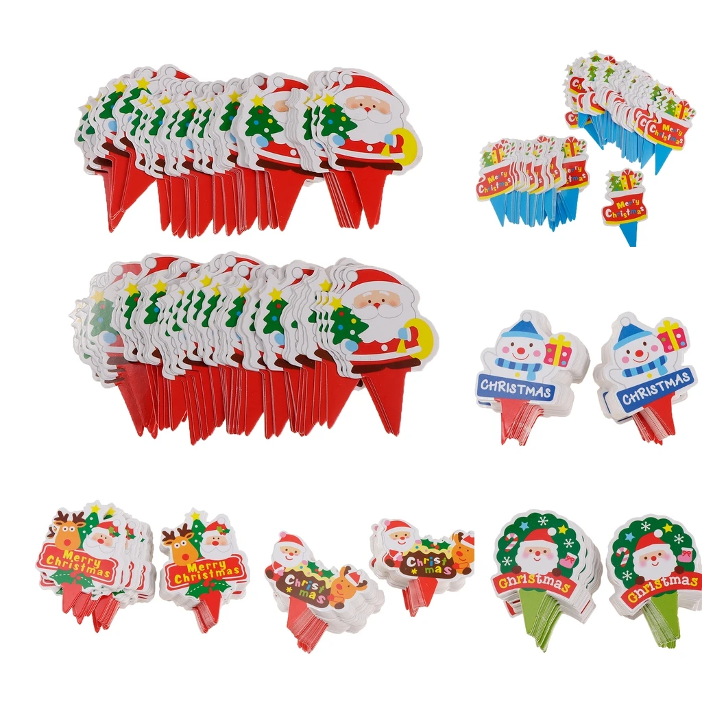 100 Pieces Santa Snowman Elk Cupcake Toppers Kids Birthday Cake Decor Xmas Accessories