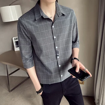

2020 Summer Plaid Shirt Male Korean Version of The Seven-point Sleeve Shirt High-quality Business Casual Repair Men's Shirts
