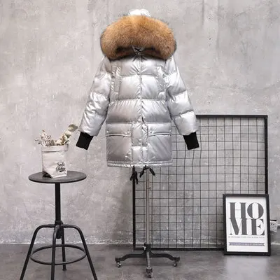 Зимняя куртка для женщин, пальто из натурального меха, непромокаемые парки, подкладка из утиного пуха, зимнее пальто с воротником из натурального меха енота, теплая черная уличная одежда - Цвет: Silver Brown fur