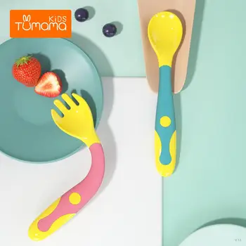 

TUMAMA KIDS 2Pcs Bendable Baby Spoon Fork Set Toddler Infant Learning Feeding Training Spoon Kids Cutlery with Storage Box