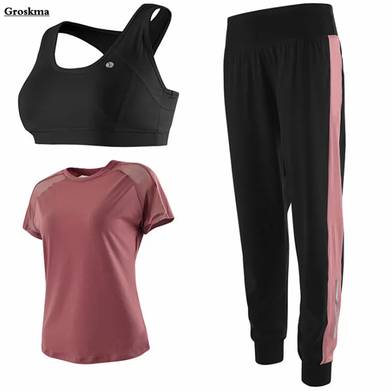 

Professional sports training women yoga 3 piece set mesh t shirt+bra+pants loose fitness gym sportswear clothing outdoor running