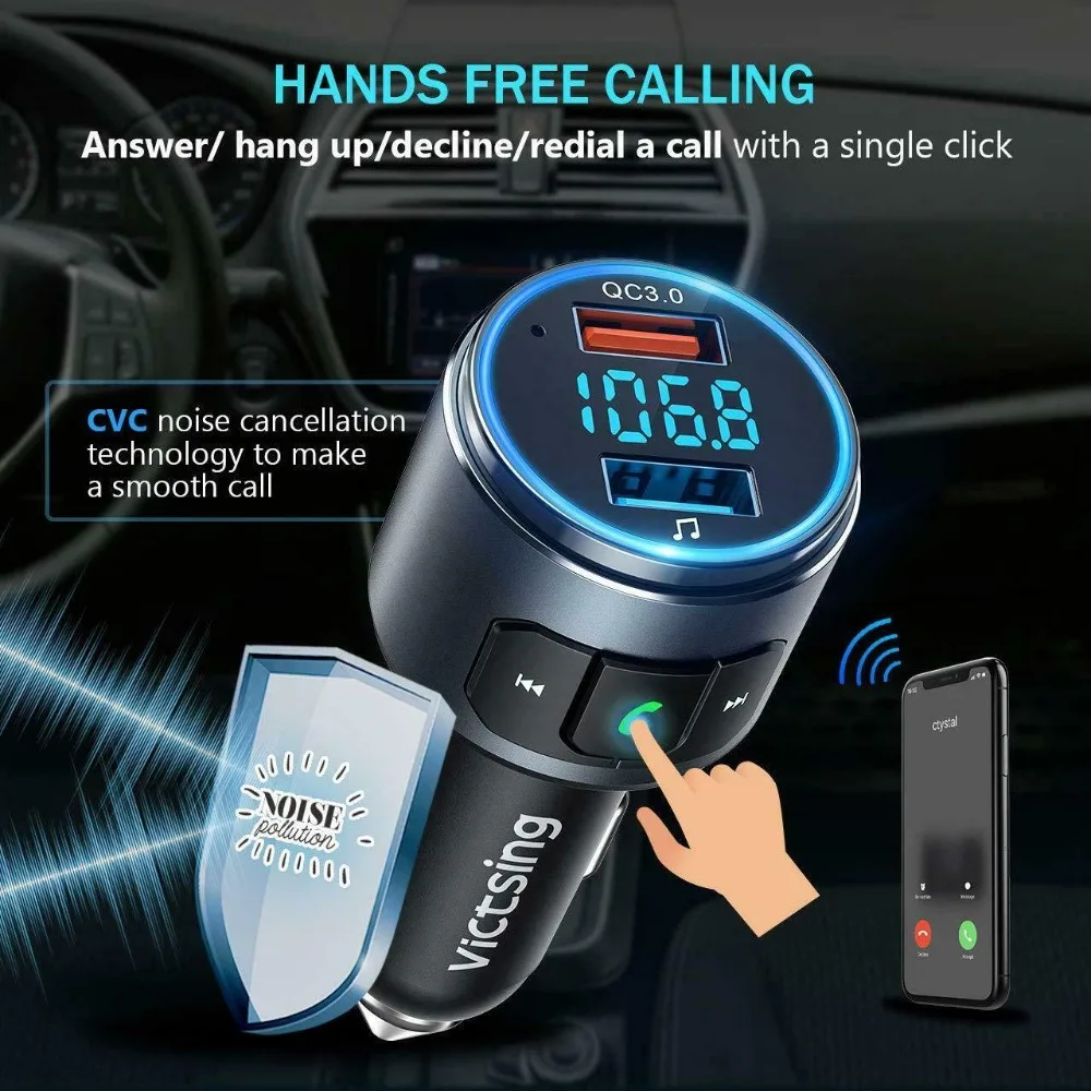

VicTsing H347 V5.0 Bluetooth FM Transmitter Radio Adapter Car Handsfree Call 2 USB Ports & QC3.0 Fast Charger