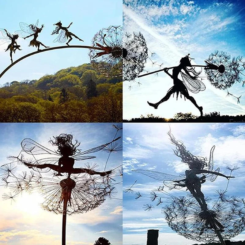Dancing Fairy Statue Steel Wires Fairy Garden Miniature Sculpture Mythical Garden Dandelion Figurine Fairies Pixies Yard Decor