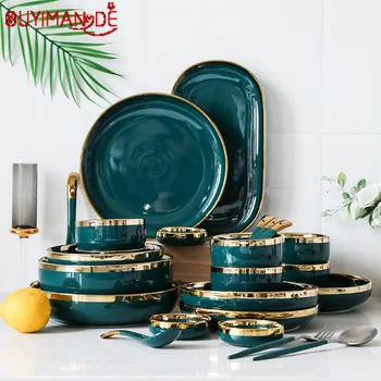 

Light Luxury Phnom Penh Emerald Dishes Set Household Ceramic Soup Bowl Rice Bowl Deep Soup Plate Western Food Plate Tableware