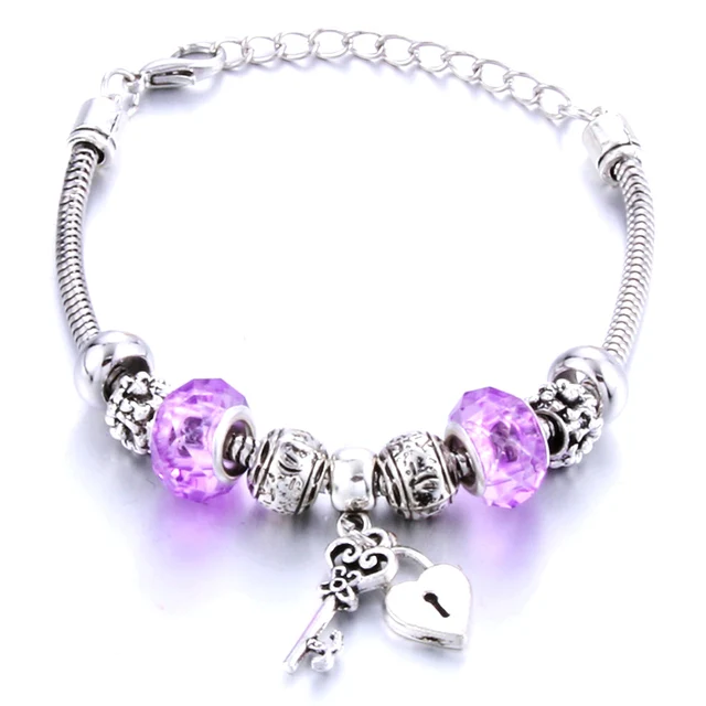 Antique Original Crown key lock Shape 6 colors Charm Bracelets For Women Glass Beads Brand Bracelet & Bangle DIY Jewelry Gifts 0002PE