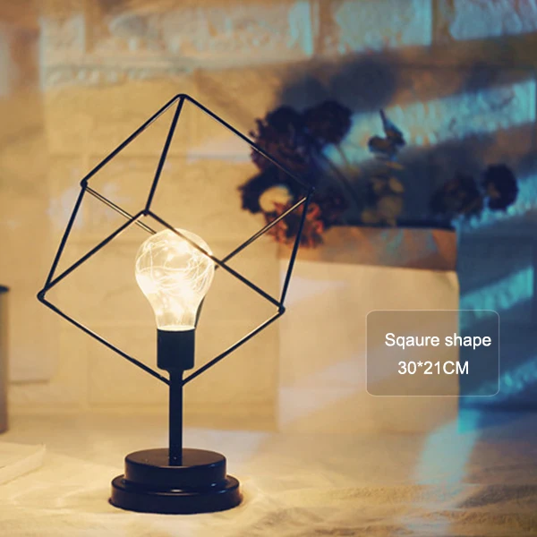 Нордическая Ретро Настольная лампа черный железный минималистичный медный провод ночник креативный 3D винтажный кованый железный светильник на батарейках - Цвет абажура: square shape