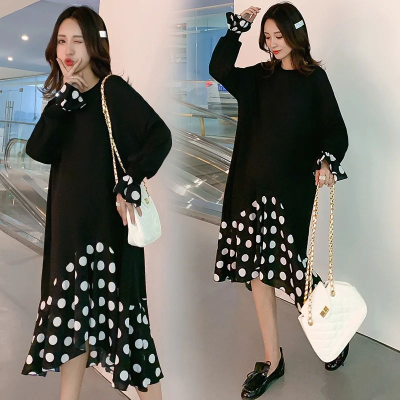 

8105# 2020 Spring Korean Fashion Maternity Dress Sweet Polka Dot Patchwork Black Clothes for Pregnant Women Pregnancy Clothing