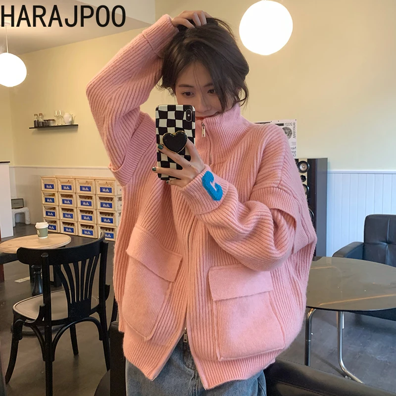 Женский кардиган Harajpoo однотонная вязаная Розовая Одежда с буквенной вышивкой и