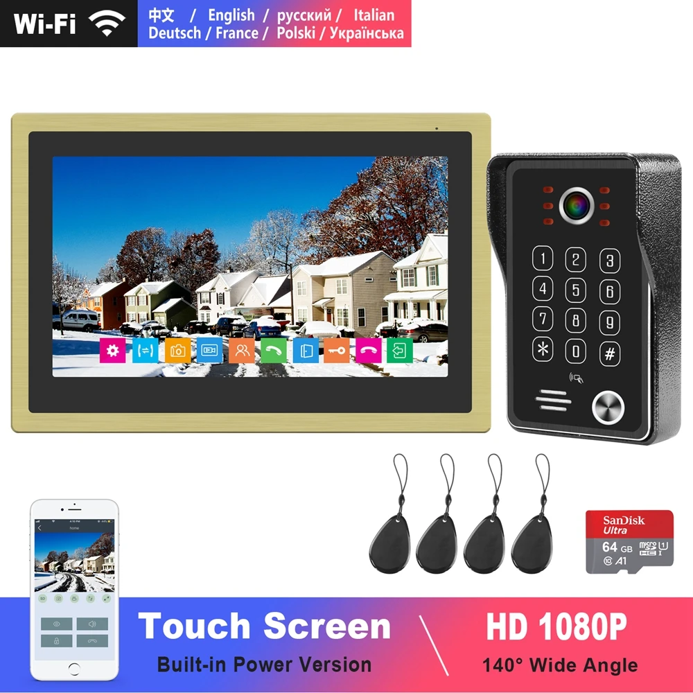 Diagonsview Video Intercom WIFI Doorbell 10 inch Touch Screen Built-in Power 1080P Keypad Call Panel Video Door Phone for Home