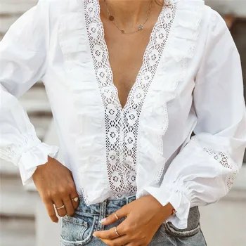 

2019 Fashion Women Bow Tie Neck Lace Shirts Chiffon Long Sleeve Blouse Tops V-Neck OL Work Suit
