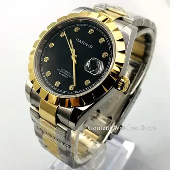 

Parnis 39mm mens watch golden case sapphire crystal gold/silver/black dial date window miyota automatic movement mens watch gift