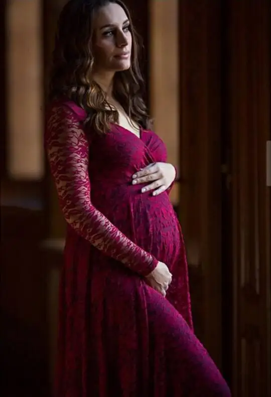Красное платье для беременных; Материнство чистого цвета кружева фотографии платья женщин платье