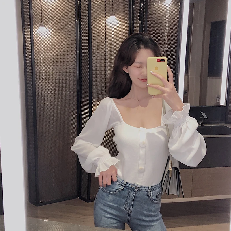 Women Slim Patchwork Chiffon Full Lantern Sleeve Square Collar Cropped T-Shirts Lady Knitted Stretchy Crop Tops Tshirt For Girls