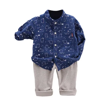 

Children Set 6M-3T Autumn Bear Print Long Sleeve Stand Collar Blouse Casual Tops+Solid Color Pants Baby Boy Clothes
