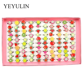 

100pcs/box Mixed Color Cute Rings Children's Day Jewelry Plastic Kids Ring For Girls With Mixed Style Fruit As Gifts