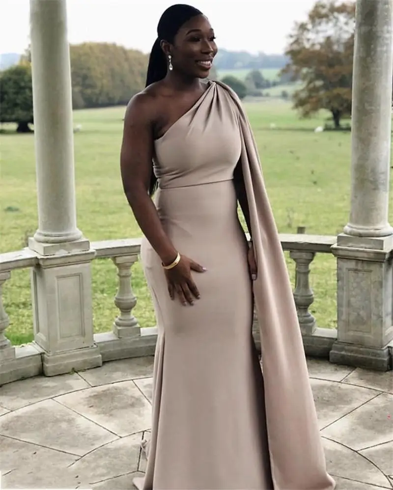 Plus Size Champagne Bridesmaid Dress With Cape African Special One Shoulder  Long Mermaid Satin Wedding Party Gown Vestidos - Bridesmaid Dresses -  AliExpress