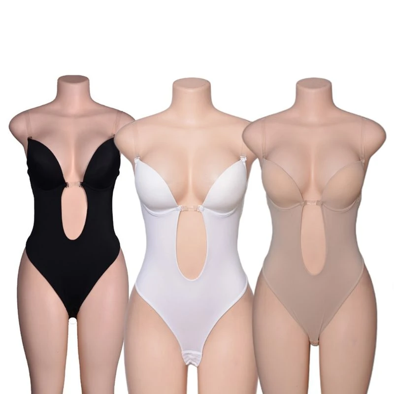 XBKPLO Womens Backless Bodysuits Body Shapewear U Plunge Seamless Bridal Thong Shaper Full Bodysuits 