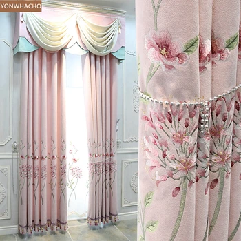 

Custom curtains embroidered European pastoral pink Princess pink cotton linen cloth blackout curtain valance tulle panel B966