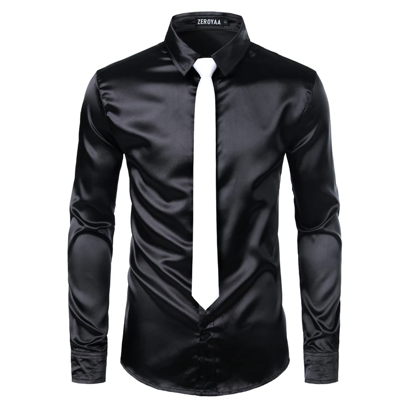 black White tie Мужские рубашки с галстуком-бабочкой, роскошные шелковые Атласные Рубашки с длинным рукавом для мужчин, однотонные рубашки для сцены, танцев, ночного клуба, Camisas Masculina - Цвет: black White tie