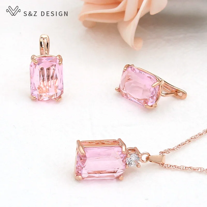 S&Z DESIGN Fashion Elegant Classic Square Cubic Zirconia Dangle Earrings Pendant Necklace Jewelry Sets For Women Wedding