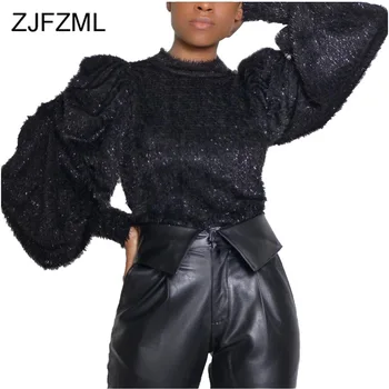 

Sexy Drawstring Puff Sleeve Shirt Women Standing Collar Solid Sexy T Shirts Elegant Ladies Streetwear Plus Size Pluffy Slim Tees