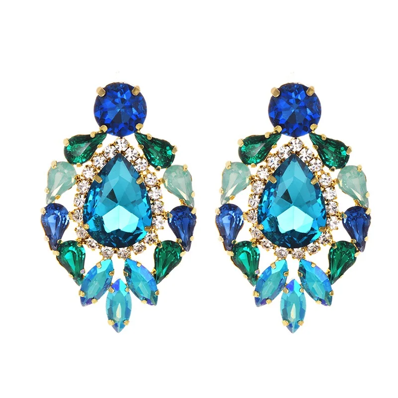 Handmade blue Big Crystal Flower Earring Vintage Ethnic Bohemian Rhinestone Long Tassel Drop Dangle Earrings for Women Jewelry - Metal Color: blue
