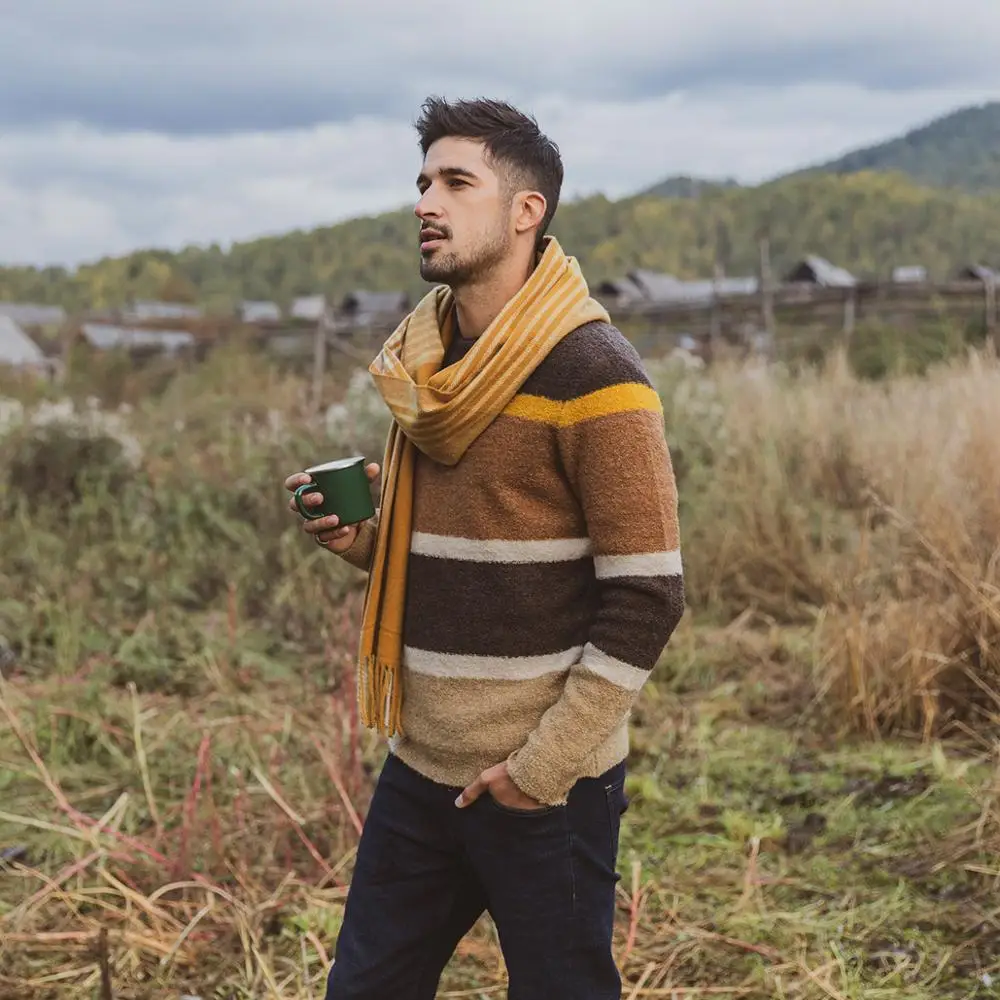 SIMWOOD 2019 Autumn Winter New Sweater Mix Wool Jacquard Contrast Color Striped Knitted Pullovers Plus Size 190411