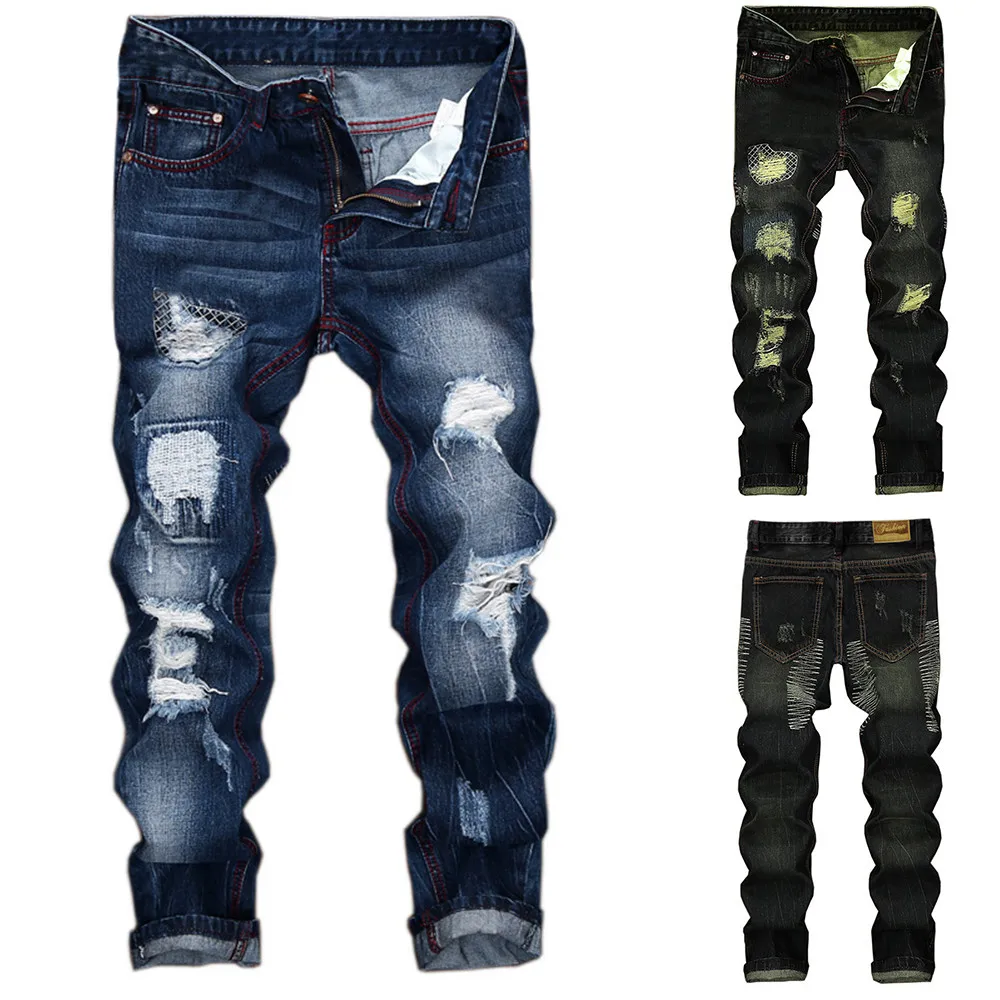 

Summer New Fashion Vintage Hole Jeans Denim Folds Wash Work Frayed Printed Zipper Basic Pants Sweatpant Cotton Z0315