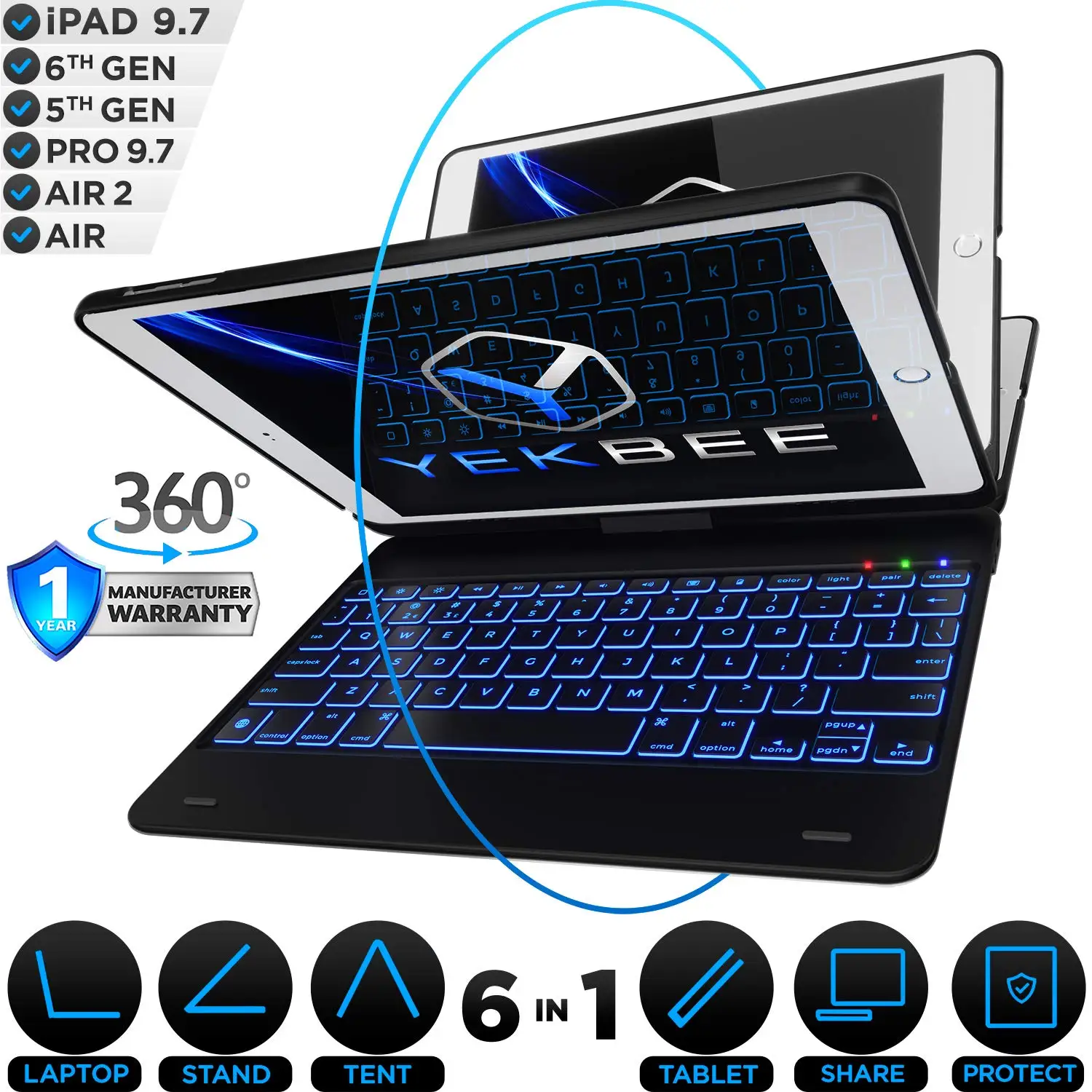 

iPad Keyboard Case for iPad 2018 (6th Gen) - iPad 2017 (5th Gen) - iPad Pro 9.7 - iPad Air 2 & 1 - Thin & Light