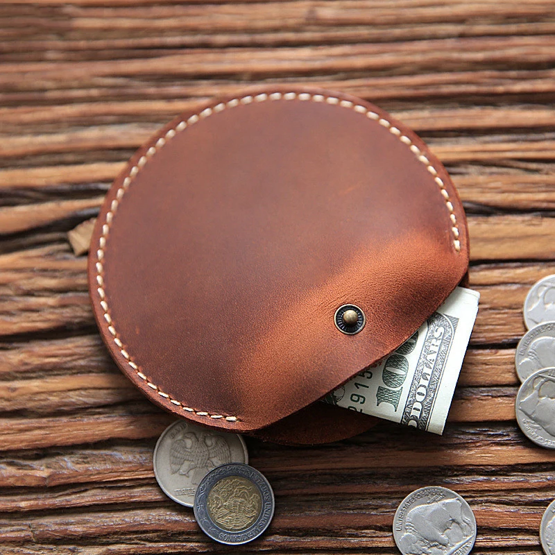 

Genuine Leather Coin Purse Men Vintage Crazy Horse Leather Handmade Short Small Round Coin Pocket Case Holder Money Bag Wallet
